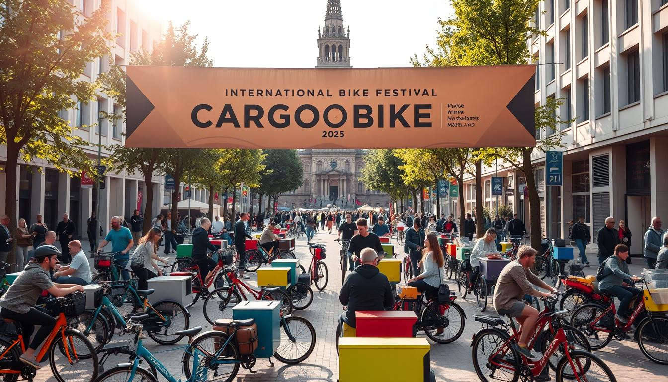 A bustling urban square in Utrecht, the Netherlands, in 2025. Vibrant cargo bikes in a diverse array of colors and designs fill the foreground, their riders engaged in lively conversation. A large banner hangs overhead, announcing the International Cargo Bike Festival, its sleek typography complementing the modern architecture that frames the scene. Sunlight filters through the trees, casting a warm glow over the event, as pedestrians and onlookers weave between the cargo bikes, their curiosity piqued. The middle ground showcases a mix of traditional and innovative cargo bikes, highlighting the festival's focus on sustainable urban mobility. In the background, the iconic Utrecht Dom Tower stands tall, its historic presence juxtaposed with the cutting-edge technologies on display.