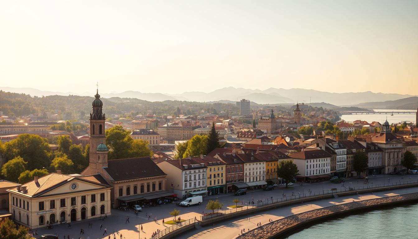 A picturesque city skyline with a bustling city center, surrounded by lush green hills and a glistening river. In the foreground, a vibrant town square with a historic town hall, quaint cafes, and charming local shops. The middle ground features a mix of traditional and modern architecture, creating a harmonious blend of old and new. Warm afternoon sunlight filters through, casting a golden glow over the scene. Pedestrians stroll along the promenade, enjoying the lively atmosphere. In the background, the silhouettes of distant mountains add a sense of scale and grandeur to the landscape. An idyllic and inviting image that captures the essence of a beautiful city.