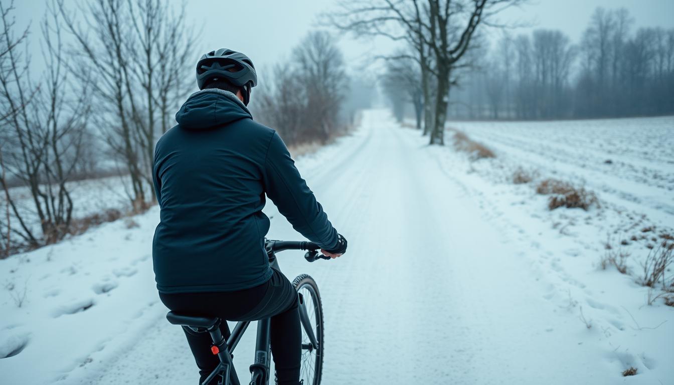 A snowy winter landscape in Wyszków, Poland, with a cyclist riding a bicycle down a winding path. The cyclist is wearing a warm, weatherproof jacket, gloves, and a helmet, ensuring their safety and comfort on the ride. The path is flanked by bare trees and snow-covered fields, creating a serene and peaceful atmosphere. The lighting is soft and diffused, casting a gentle glow over the scene. The camera angle is slightly elevated, providing a bird's-eye view of the cyclist navigating the winter terrain. The overall mood is one of tranquility and the joy of embracing the winter season on a bicycle.