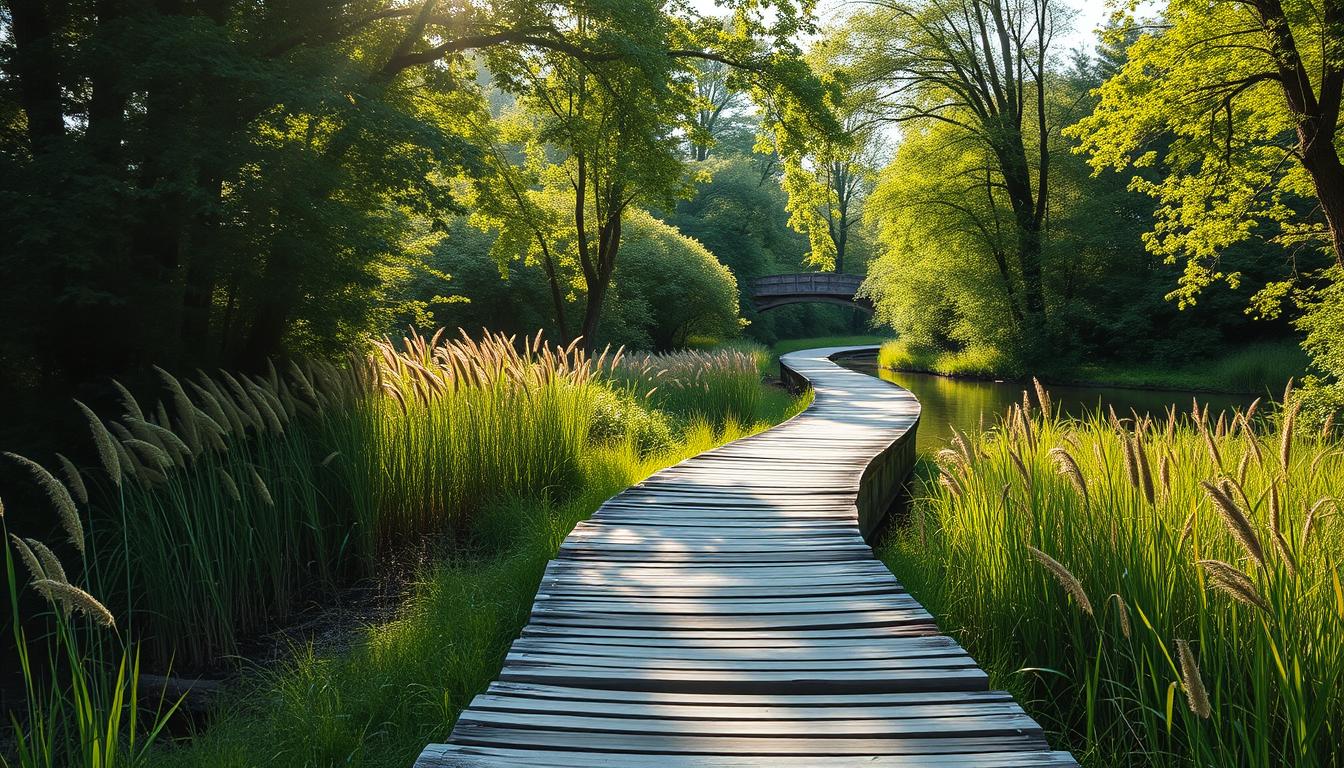 A scenic river pathway winding through a lush, verdant landscape. Sunlight filters through the canopy of trees, casting a warm, golden glow over the weathered wooden boardwalk. Tall grasses and reeds line the banks, their gentle movements mirroring the tranquil flow of the river. In the distance, a small bridge arches over the water, inviting the viewer to explore further. The atmosphere is serene and peaceful, perfectly capturing the essence of a haven for cyclists and outdoor enthusiasts.