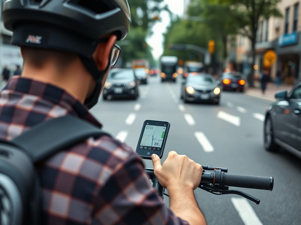 Rowerzysta miejski korzystający z nawigacji i monitoringu ruchu ulicznego