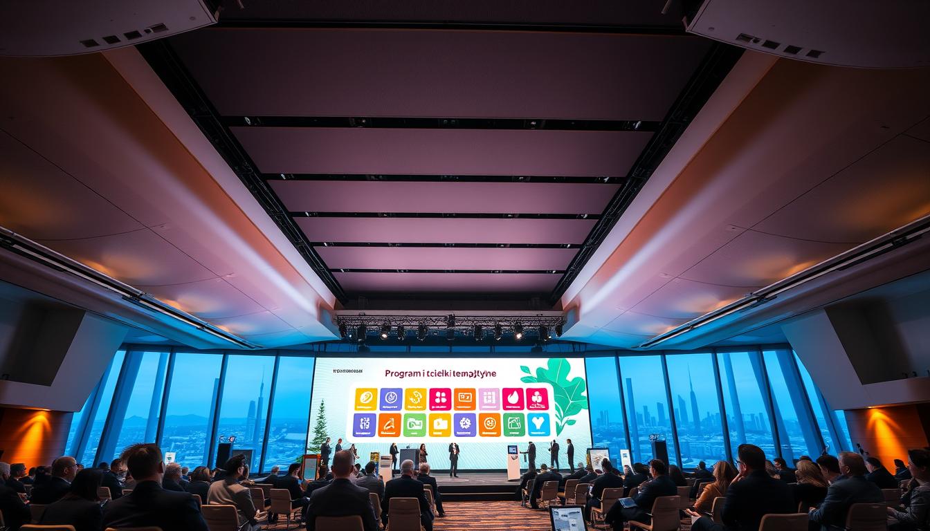 A futuristic conference hall with sleek, modern architecture and floor-to-ceiling windows, bathed in warm, diffused lighting. In the foreground, a stage with a large projection screen displays a colorful array of icons and infographics representing the &quot;Program i ścieżki tematyczne&quot; (Program and Thematic Tracks). Attendees in business attire are seated in comfortable chairs, engaged in discussion. The middle ground features various informational kiosks and interactive displays, while the background showcases an expansive city skyline, hinting at the global nature of the event. The overall atmosphere conveys a sense of innovation, collaboration, and the future of the tourism industry.