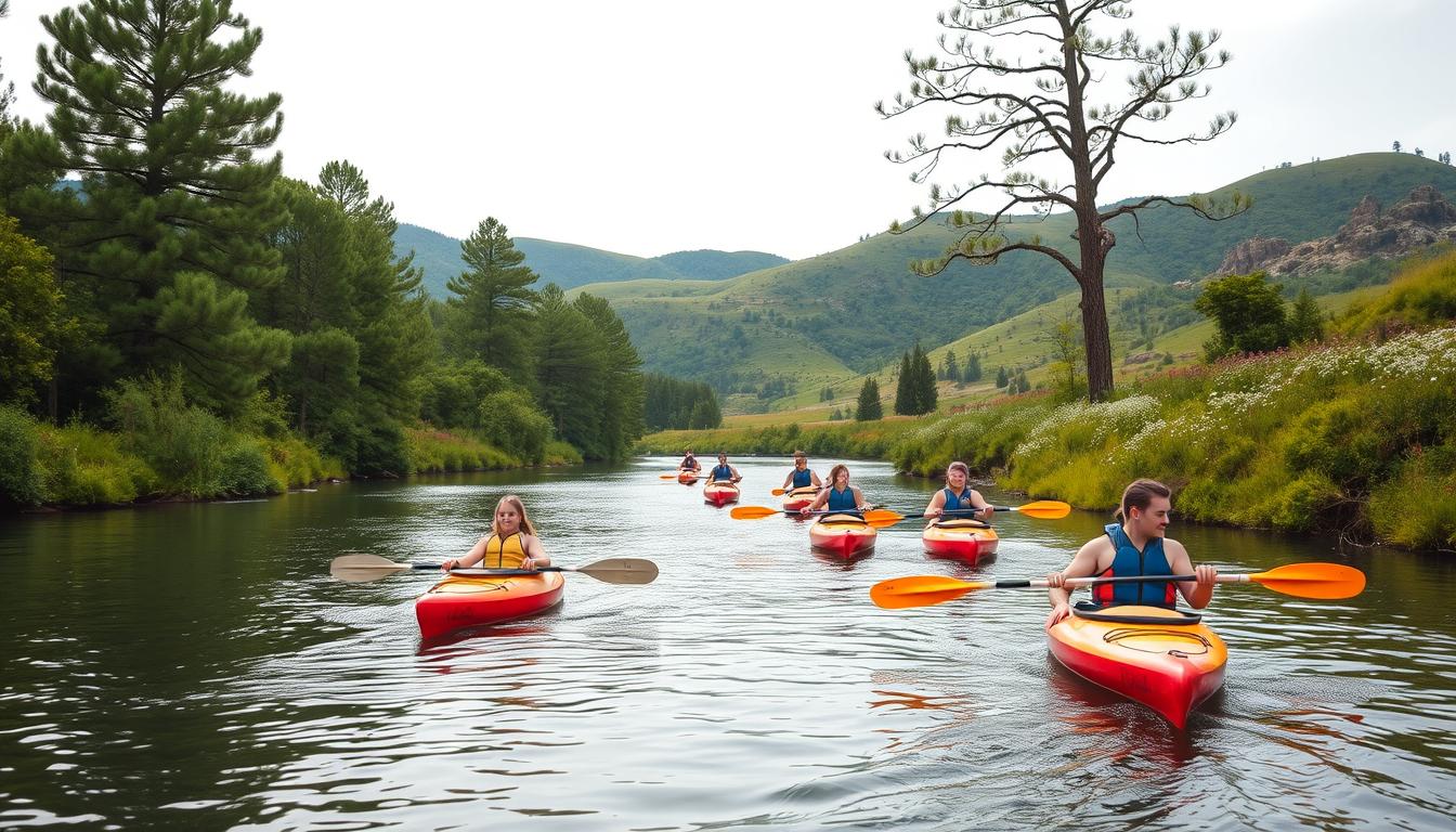 A tranquil river winding through a lush, verdant landscape, the perfect setting for a beginner's kayak trip. In the foreground, a group of novice paddlers navigate their sleek, brightly-colored kayaks, their faces filled with a mix of excitement and concentration. The middle ground features towering pine trees lining the riverbanks, their branches casting gentle shadows on the calm, glimmering water. The background showcases rolling hills, dotted with wildflowers and the occasional rocky outcrop, creating a picturesque backdrop for this peaceful scene. The lighting is soft and diffused, creating a warm, inviting atmosphere, as if captured on an overcast summer day. The camera angle is slightly elevated, providing a panoramic view of the serene, tranquil setting, perfect for introducing the joys of beginner-level kayaking.
