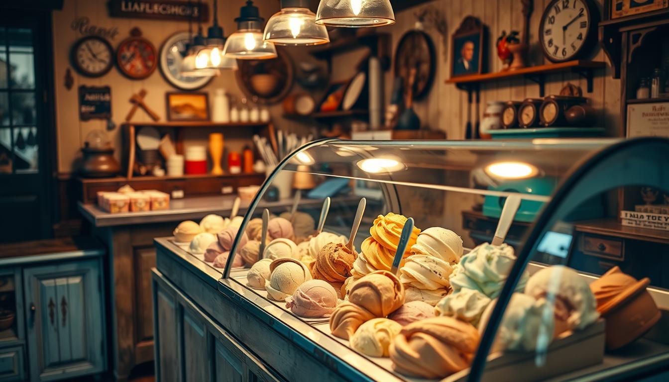 A quaint, rustic ice cream parlor with a charming, old-world atmosphere. The traditional &quot;lody tradycyjne&quot; are handcrafted by skilled artisans, using only the finest, locally-sourced ingredients. The display case is filled with an array of vibrant, creamy flavors, each scoop glistening under the warm, soft lighting. In the background, a vintage, wooden counter and antique decor evoke a sense of timeless tradition. The scene exudes a feeling of authenticity and a deep respect for the craft of ice cream making. The perfect setting to enjoy a refreshing, honest-to-goodness ice cream treat on a summer's day.