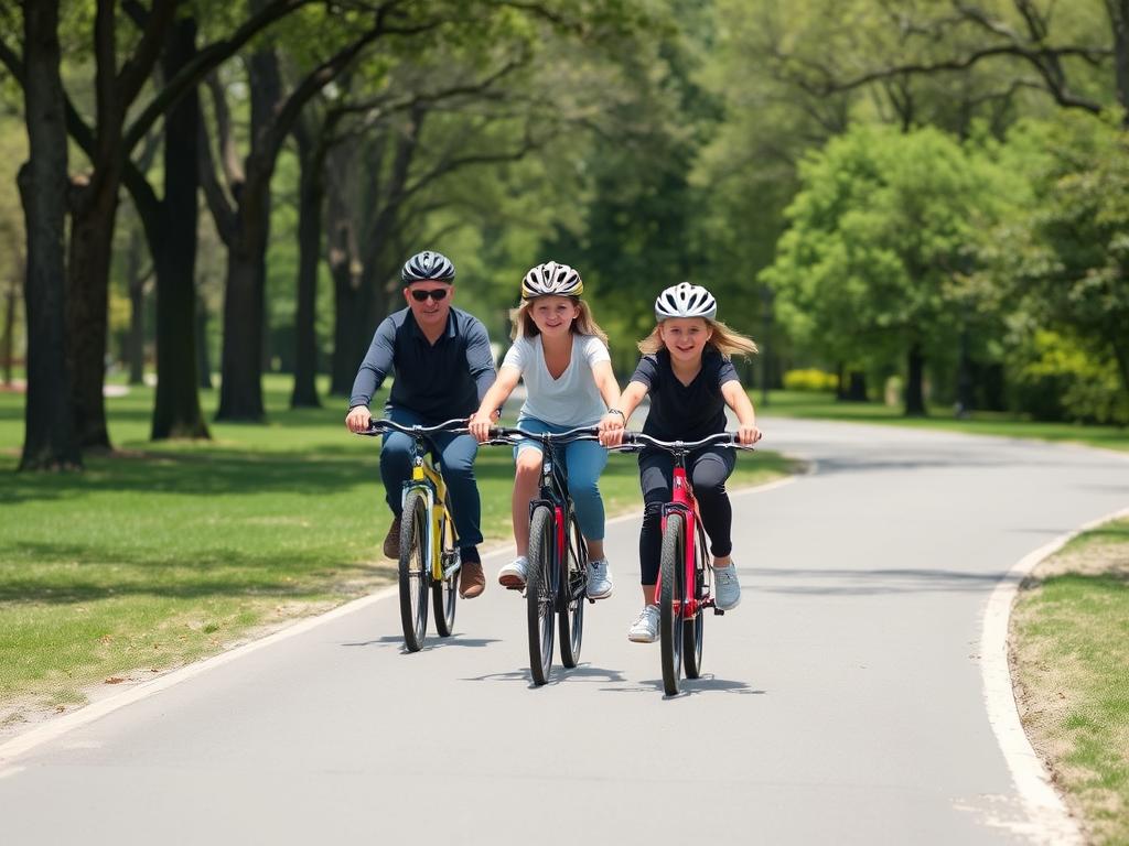 Rodzina z dziećmi jadąca po płaskiej, asfaltowej ścieżce rowerowej wśród drzew