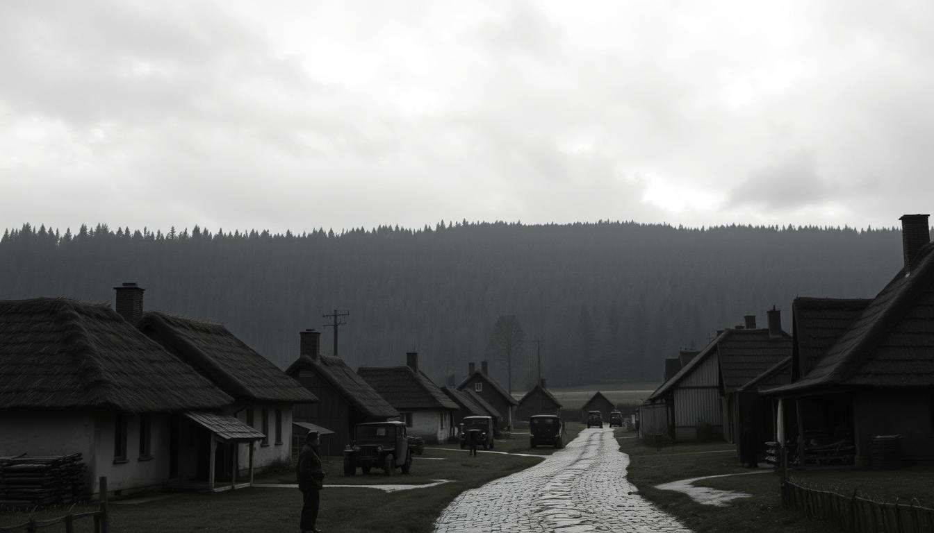 An overcast September day in occupied Poland, 1943. In the foreground, a rural Polish village with thatched-roof cottages, cobblestone streets, and somber residents. Shadows of German army vehicles loom in the middle ground, their presence a constant reminder of the oppressive Nazi regime. The sky is heavy with clouds, casting a melancholic tone over the scene. In the distance, a dense forest suggests the rugged terrain that conceals the activities of the Polish resistance, the Cichociemni, as they prepare for a covert operation. The mood is one of quiet resilience, a defiant spirit lingering beneath the surface of this wartime landscape.
