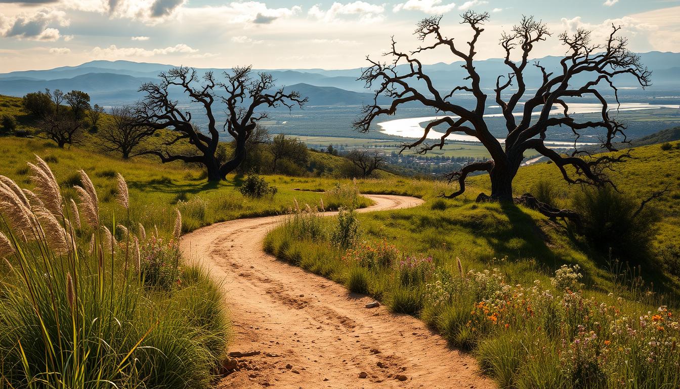 A winding, well-maintained dirt trail winds through a lush, verdant landscape. The foreground is dotted with tall, swaying grasses and colorful wildflowers, casting dappled shadows across the path. In the middle ground, clusters of ancient, gnarled oak trees stand sentinel, their twisted branches reaching skyward. The background is a panoramic view of rolling hills, dotted with small villages and the shimmering waters of the Bug River in the distance. Warm, golden sunlight filters through wispy clouds, creating a soft, atmospheric glow. The scene evokes a sense of tranquility and adventure, inviting the viewer to explore the local legends and natural beauty of this enchanting region.