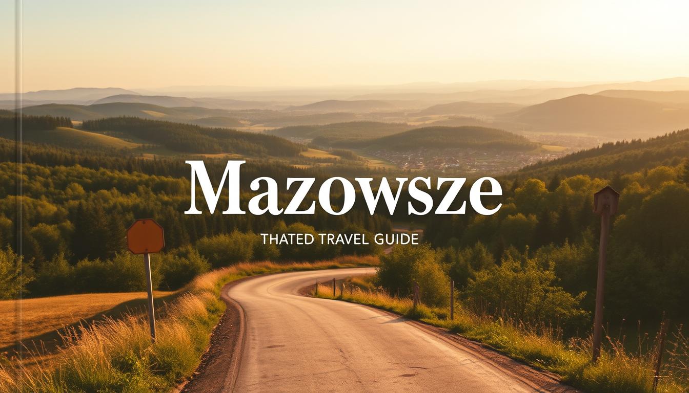A detailed travel guide for the Mazowsze region, showcasing its natural beauty and cultural heritage. The cover features a panoramic landscape, with rolling hills, lush forests, and picturesque villages in the distance. In the foreground, a winding road leads the viewer into the scene, inviting exploration. The lighting is warm and golden, creating a sense of adventure and discovery. The composition is balanced, with the guide's title prominently displayed in the center, framed by the surrounding environment. The overall tone is one of exploration, excitement, and a deep appreciation for the region's unique charm.