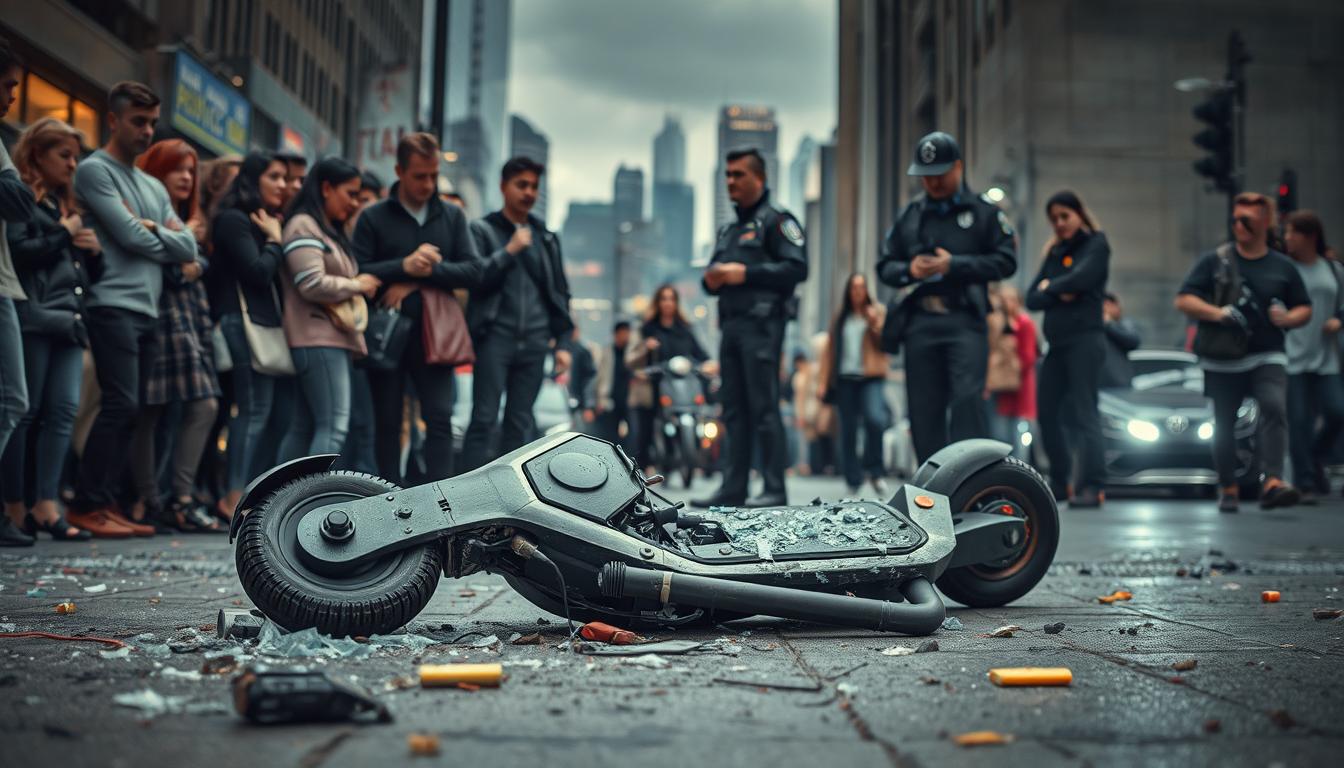 A crowded urban street scene, with the focus on a crumpled, damaged electric scooter lying on the ground, surrounded by shattered glass and debris. In the foreground, a group of concerned onlookers gather, their expressions conveying a sense of shock and worry. The middle ground features a police officer taking notes, while in the background, the city skyline is visible, bathed in a somber, overcast light that sets a melancholic tone. The scene is captured with a wide-angle lens, conveying the scale and chaos of the incident, and the lighting is realistic, creating deep shadows and highlights that accentuate the sense of urgency and unease.