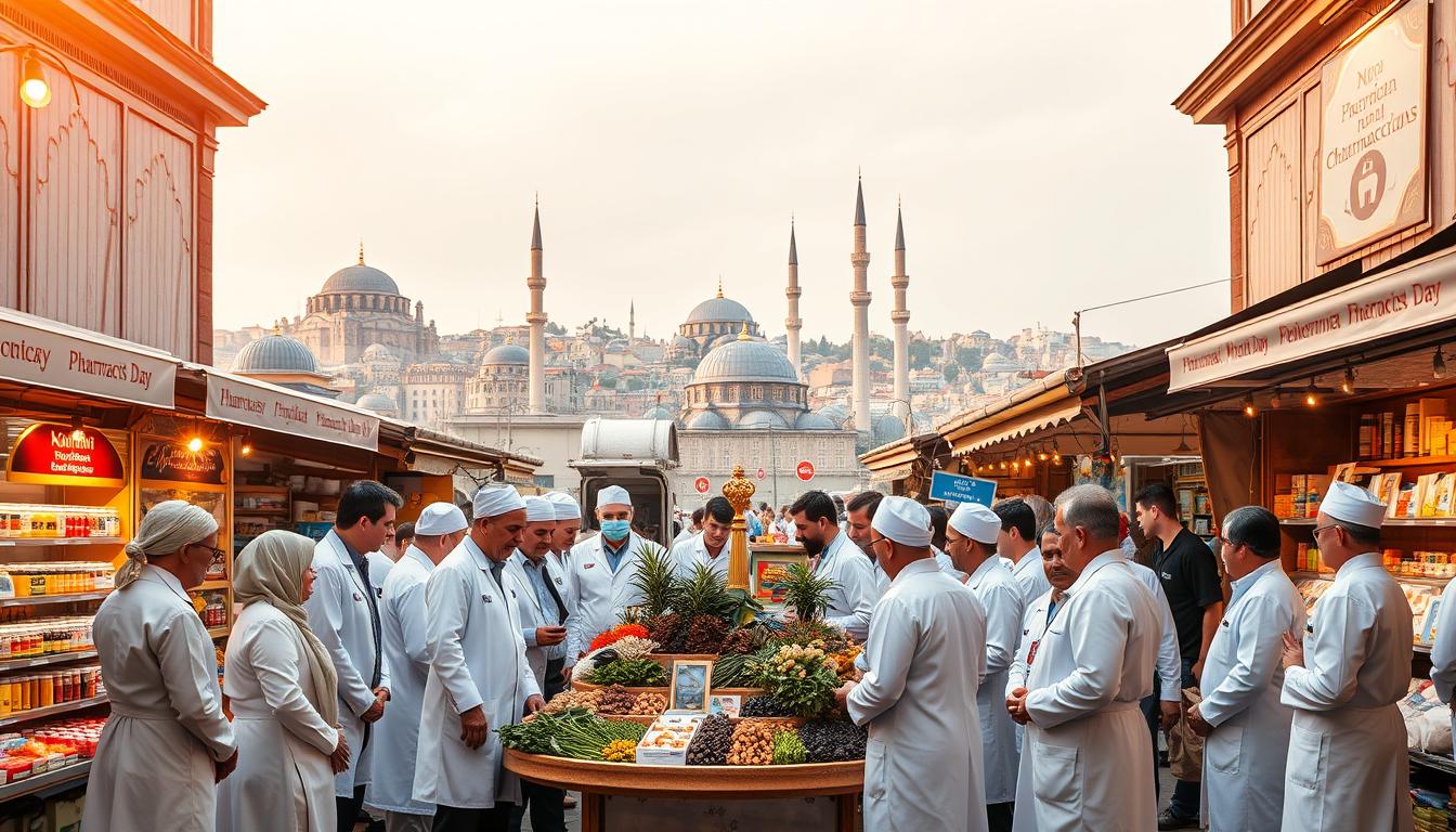 A vibrant scene of the World Pharmacist Day celebration in a bustling Turkish marketplace. In the foreground, a group of pharmacists in traditional garb gather around a central display showcasing traditional medicinal herbs and remedies. In the middle ground, shopkeepers offer an array of pharmaceutical goods and healthcare products, while in the background, the iconic domes and minarets of Istanbul's skyline rise majestically. Warm, golden lighting filters through the scene, casting a celebratory glow and highlighting the rich cultural heritage being honored. The overall atmosphere conveys a sense of reverence, community, and the enduring significance of the pharmacist's role in public health.
