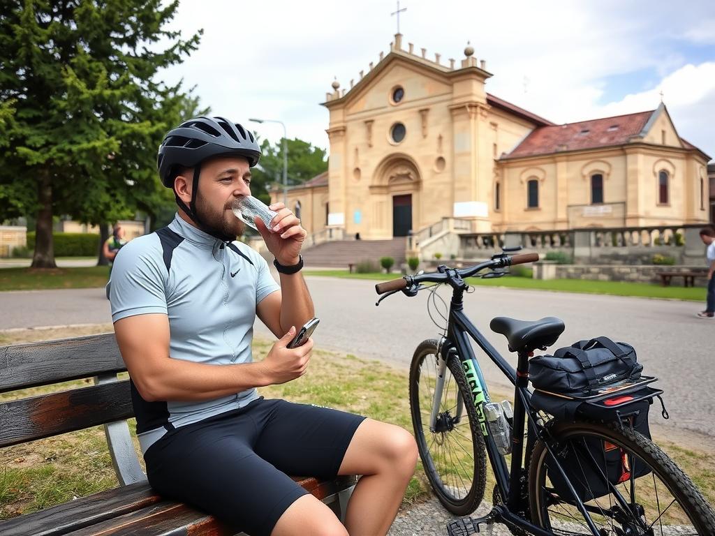 Rowerzysta odpoczywający przy sanktuarium podczas pielgrzymki