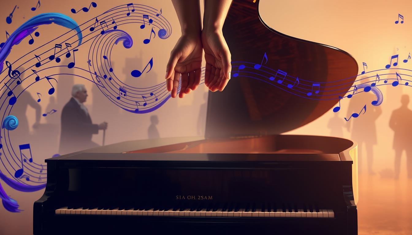 A majestic grand piano sits in the foreground, its polished ebony keys gleaming under the soft, warm lighting. The instrument is surrounded by a swirling array of musical notes, each one a unique, flowing brush stroke in shades of blue and purple, evoking the rich emotional tapestry of music. In the middle ground, a pair of human hands, delicate yet powerful, hover over the keys, poised to bring the instrument to life. The background is a hazy, dreamlike landscape, with silhouettes of historical figures from various eras, representing the timeless connection between music, emotion, and the human experience. The overall atmosphere is one of reverence, introspection, and the profound way in which music can bridge the gaps between history, culture, and the depths of the human soul.