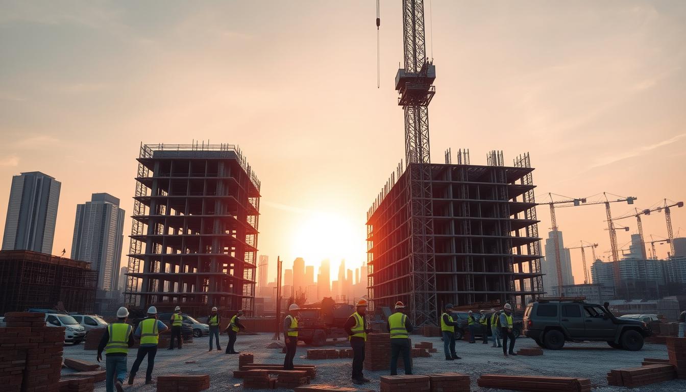 An expansive construction site under a warm, golden-hour sky. In the foreground, a group of hardworking builders in reflective vests and hardhats, laying bricks and operating heavy machinery. In the middle ground, a towering crane lifts materials to the partially built structure, its metal frame silhouetted against the sun. The background features a cityscape of modern high-rises and cranes, a testament to the ongoing progress of the industry. The scene conveys a sense of productive activity, skill, and the collective effort that goes into the construction of the built environment.