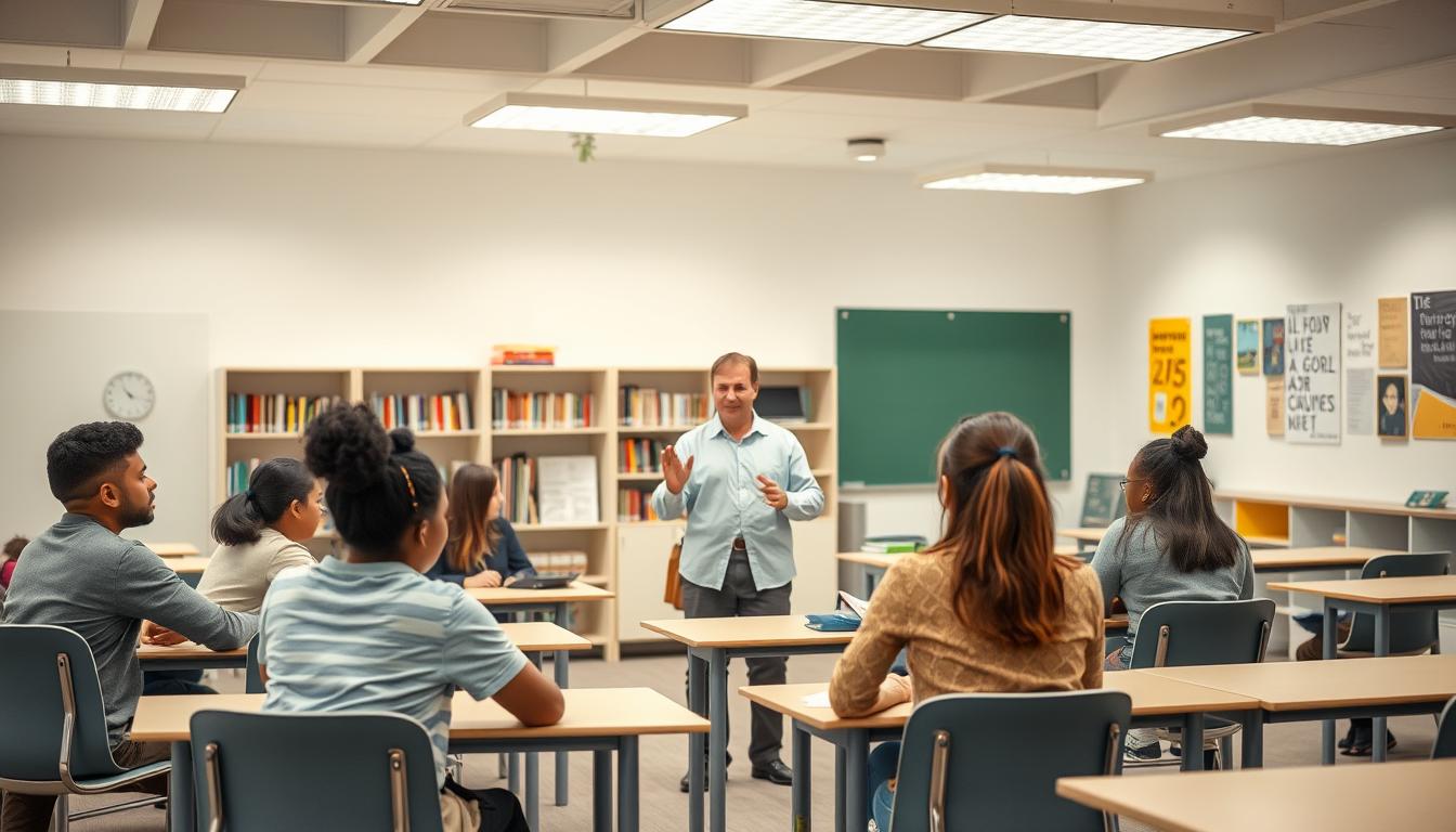 A brightly lit classroom setting, with modern desks and chairs arranged in a semi-circular layout. In the foreground, a group of diverse students engaged in animated discussion, their expressions conveying attentiveness and enthusiasm. At the center, a teacher stands, gesturing animatedly as they guide the students through a lesson. The background features a well-stocked bookshelf and inspirational wall displays, creating an atmosphere of intellectual curiosity and academic support. Soft, diffused lighting from overhead fixtures casts a warm, inviting glow, and the overall scene exudes a sense of collaborative learning and nurturing guidance.