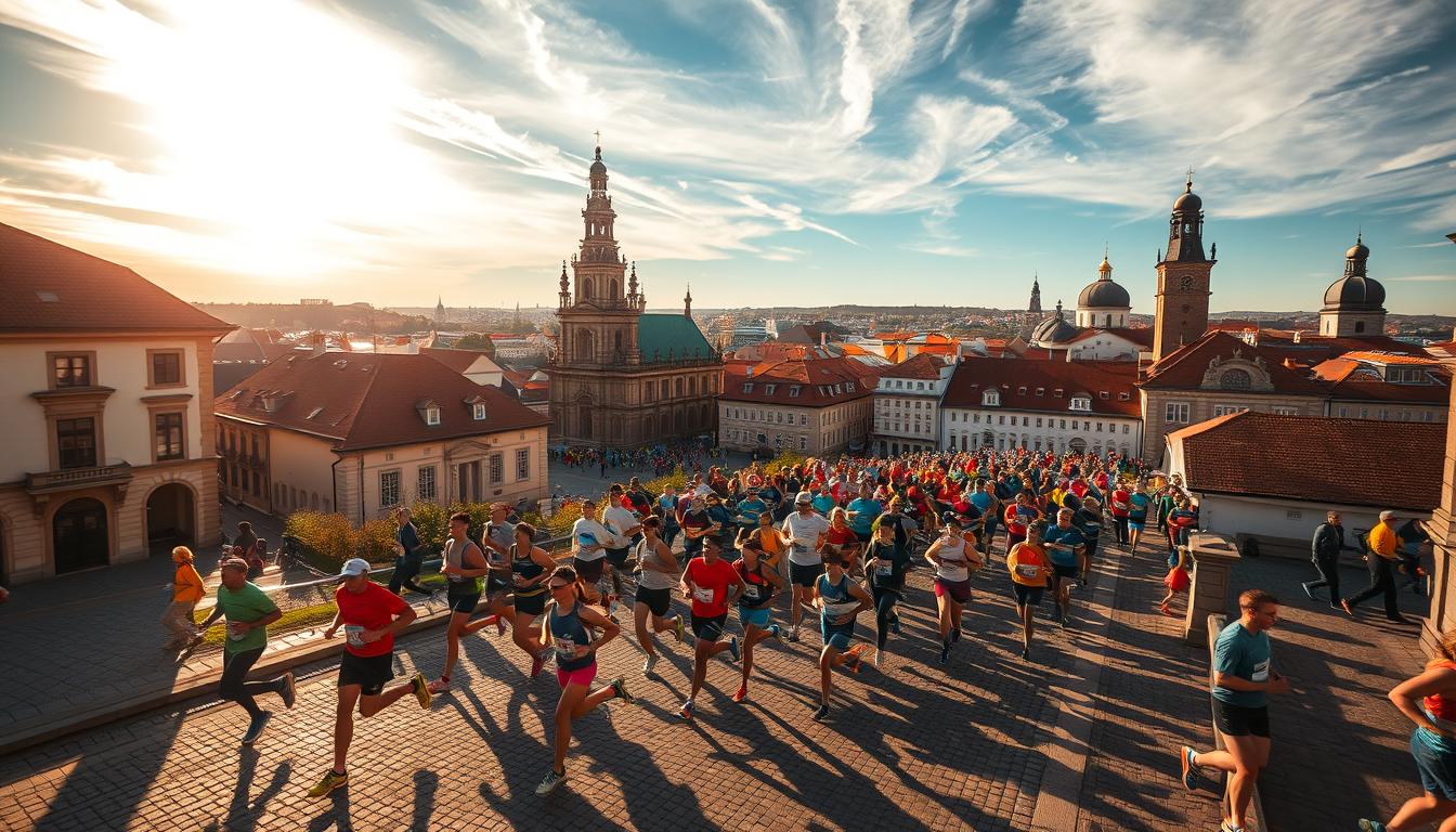 A scenic overhead view of the &quot;Bieg Kopernika&quot; (Copernicus Run) event, set against the backdrop of a historic European city. The course winds through cobblestone streets, past ornate cathedrals and medieval architecture, with runners in colorful athletic gear sprinting through the vibrant urban landscape. Warm sunlight filters through wispy clouds, casting dynamic shadows and highlights across the scene. The foreground captures the energy and dynamism of the race, with runners in various stages of motion, their strides captured in crisp detail. The middle ground showcases the picturesque cityscape, while the distant background features the silhouettes of towering spires and domes. An atmosphere of festivity, athleticism, and civic pride permeates the scene.