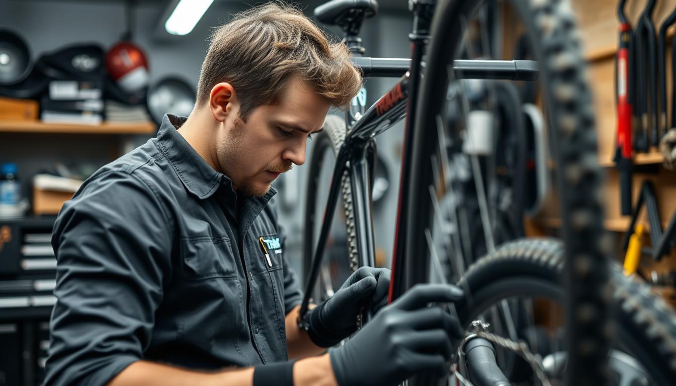 Mechanik wykonujący kompleksowy TRAKA Bike Check Ultra, sprawdzający wszystkie komponenty roweru
