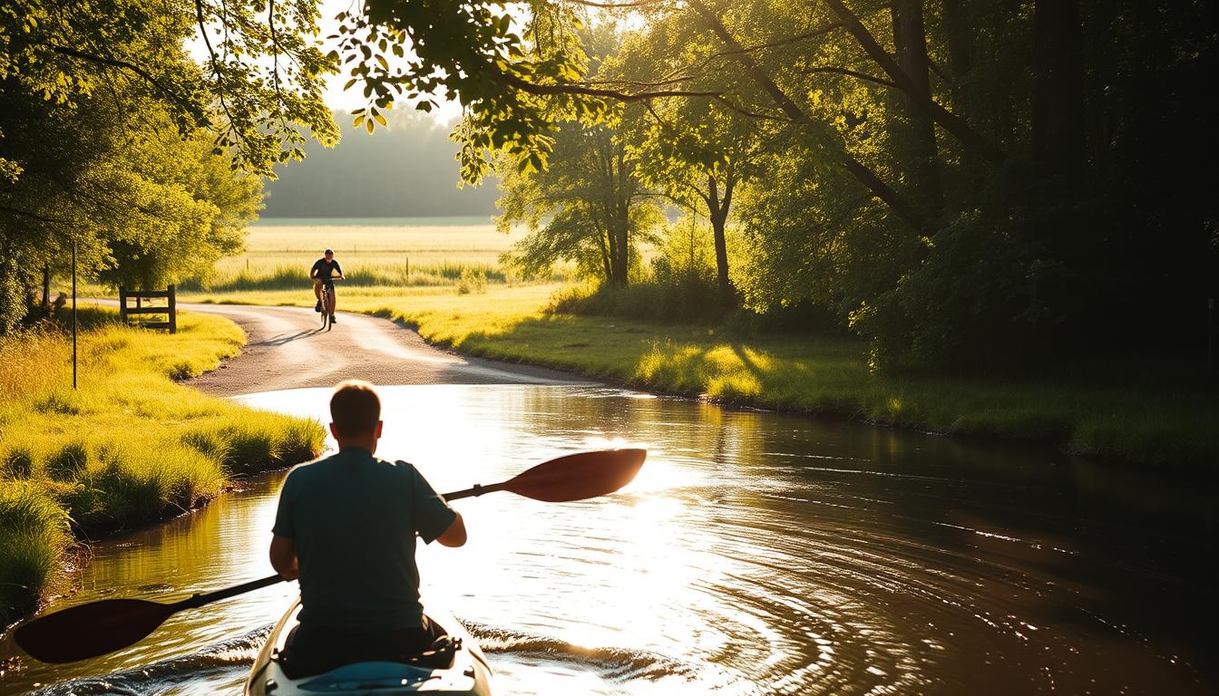 A serene countryside scene set in the Nadbużański Trójkąt region near Wyszków. In the foreground, a person paddles a kayak on a winding river, their oar cutting through the still waters. Behind them, a cyclist speeds along a dirt path, weaving through lush green trees. In the distance, a runner strides across an open field, their silhouette silhouetted against the horizon. Warm, golden sunlight filters through the leaves, casting a dreamy, nostalgic atmosphere. The image captures the essence of the local triathlon, showcasing the diverse terrain and activities that make this area a unique destination for outdoor enthusiasts.