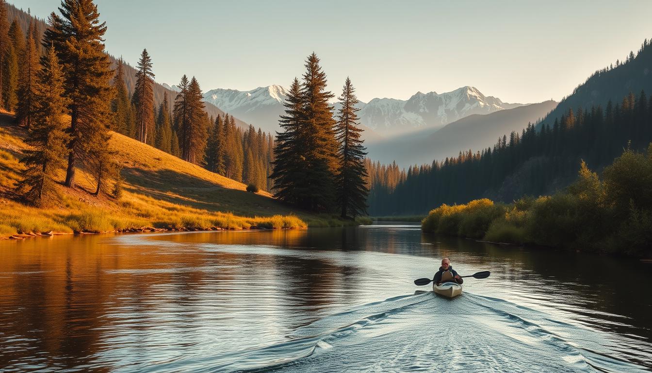 A serene river winding through lush, verdant landscapes, its tranquil waters reflecting the surrounding nature. In the foreground, a sleek kayak glides effortlessly, its occupant navigating the calm current. The middle ground features towering pine trees and a gently sloping riverbank, inviting exploration. In the distance, majestic mountains rise, their peaks capped with snow, creating a breathtaking backdrop. The scene is bathed in warm, golden sunlight, casting a soft glow over the entire composition. The atmosphere is one of peaceful solitude, evoking a sense of tranquility and connection with the natural world.