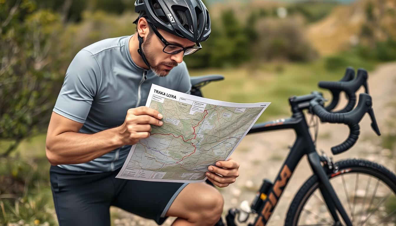 Kolarz studiujący mapę trasy TRAKA Ultra obok przygotowanego roweru