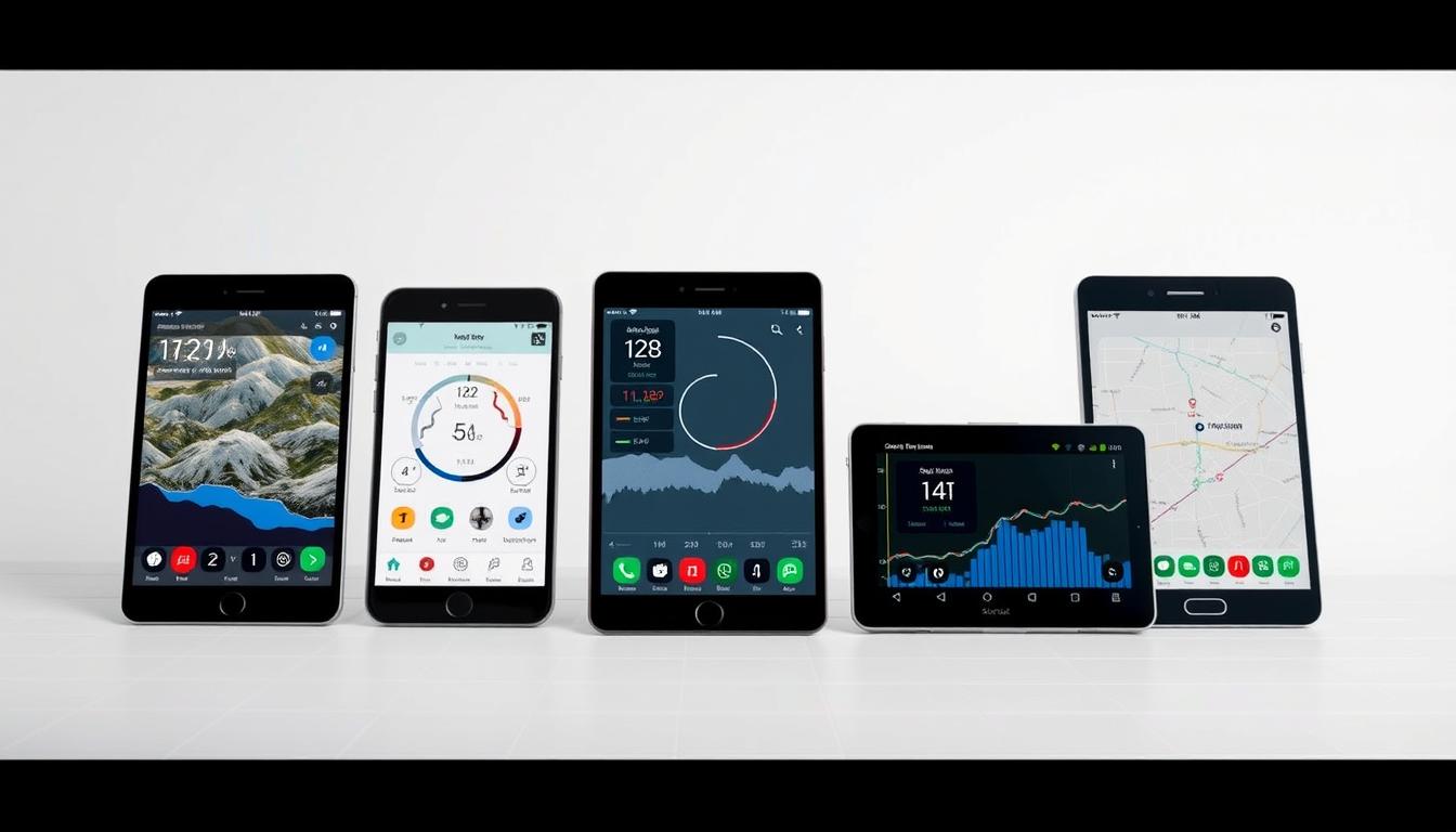 A detailed side-by-side comparison of five popular cycling apps set against a clean, minimalist background. The apps are displayed as sleek, modern device mockups, showcasing their distinct interfaces and features. Soft lighting accentuates the apps' UI elements, while a subtle grid or wireframe structure suggests the technical nature of the comparison. The overall composition conveys a sense of utility and professionalism, inviting the viewer to explore the capabilities of these cycling tools.