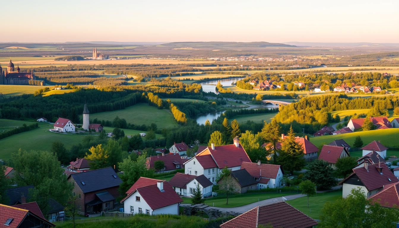 A panoramic view of the scenic landscapes and landmarks of the Mazowieckie Voivodeship, Poland. In the foreground, rolling hills dotted with traditional Polish villages and farmhouses, their roofs adorned with red tiles. The middle ground features lush forests and winding rivers, while the distant horizon is dominated by the silhouettes of historic castles and cathedrals. The scene is bathed in warm, golden light, creating a sense of tranquility and timelessness. The composition emphasizes the natural beauty and rich cultural heritage of this vibrant region, inviting the viewer to explore its captivating sights and attractions.