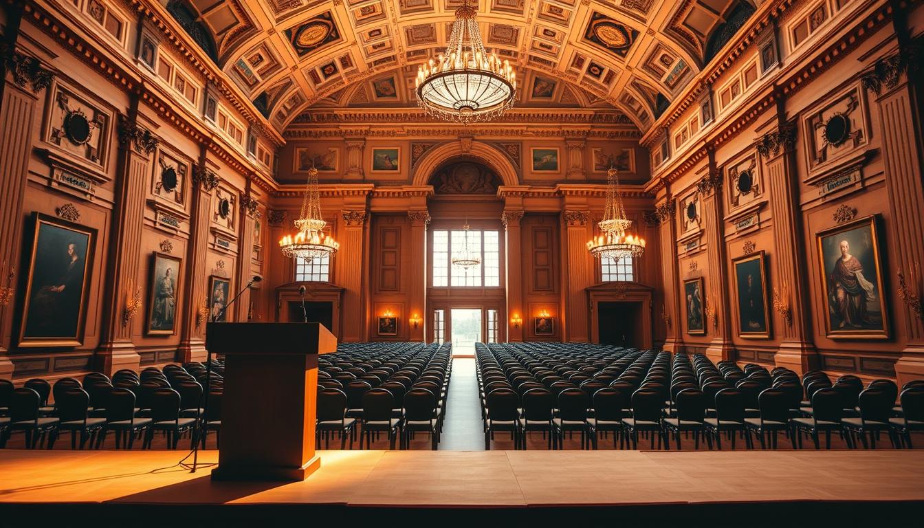 A grand museum hall with high ceilings and ornate architectural details. In the foreground, a podium stands prominently, inviting visitors to learn about the purpose of the annual museum competition. Warm, focused lighting illuminates the stage, casting a sense of importance and anticipation. In the middle ground, rows of elegant chairs face the podium, ready to host an attentive audience. The background showcases the museum's impressive interior, with intricate moldings, chandeliers, and large windows allowing natural light to stream in, creating a sense of grandeur and cultural significance. The overall atmosphere conveys the gravity and prestige of this important event recognizing the region's most outstanding museums.