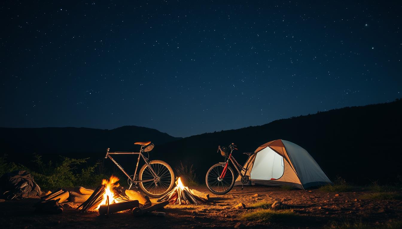 A serene campsite under a starry night sky, with a lone bicycle resting by a small tent. In the foreground, a cozy campfire crackles, casting a warm glow on the weathered gear and supplies scattered around. The middle ground features the tent, its fabric gently billowing in the cool breeze, surrounded by lush vegetation and rolling hills. In the background, the night sky is a tapestry of twinkling stars, creating a sense of vastness and tranquility. Soft, diffused lighting illuminates the scene, giving it a dreamlike, atmospheric quality. The overall mood is one of adventure, solitude, and a deep connection with nature.