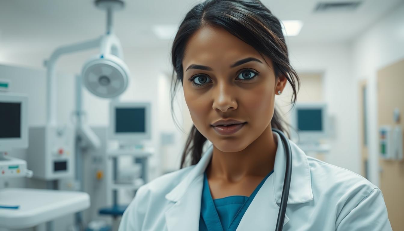 A healthcare worker in a white medical coat, standing in a hospital setting with modern equipment and medical supplies in the background. The worker's face is partially obscured, but their focused expression conveys a sense of dedication and professionalism. The lighting is soft and even, creating a calming atmosphere. The camera angle is slightly low, emphasizing the subject's authority and importance. The overall mood is one of compassion, expertise, and the vital role healthcare workers play in our communities.