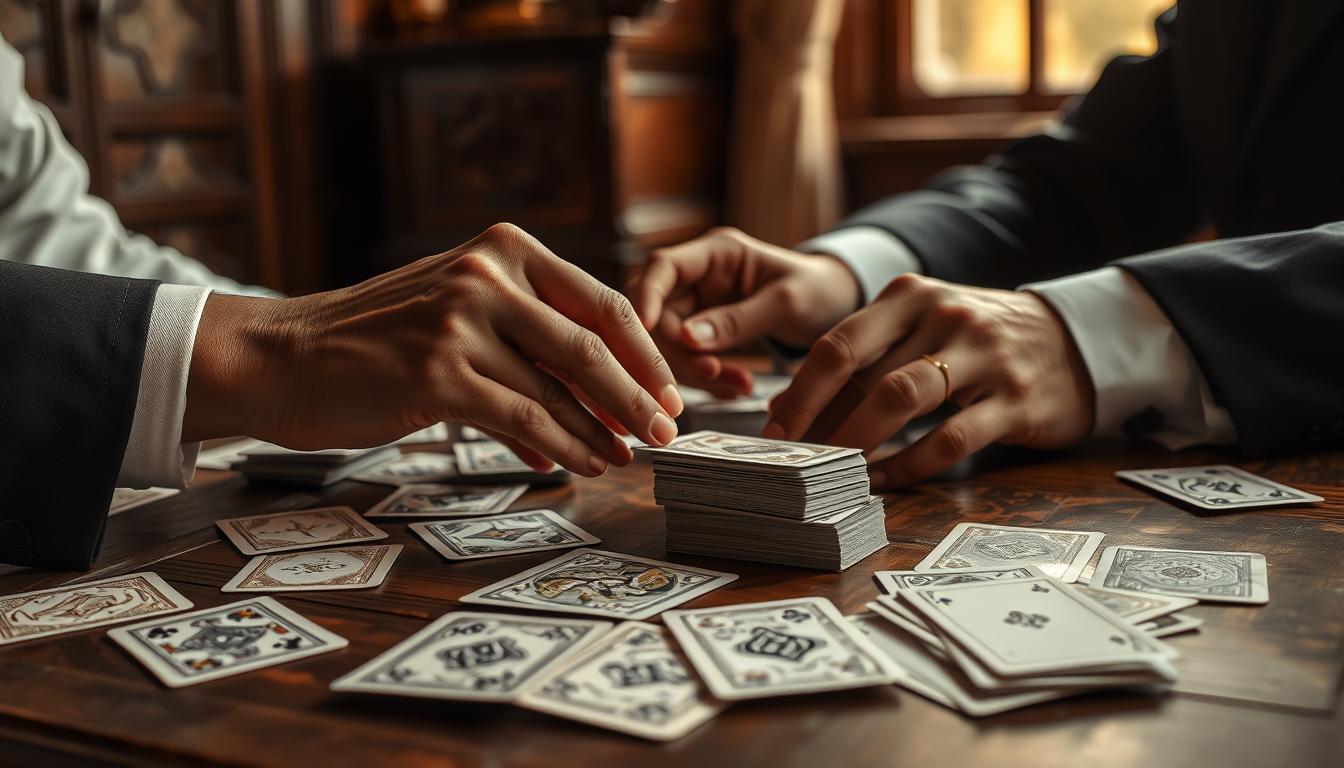 A beautifully arranged vintage card game scene showcasing playing cards scattered across an antique wooden table. In the foreground, a pair of elegant human hands in professional attire are skillfully dealing cards, with diverse skin tones adding depth to the image. The middle ground features an ornate deck of cards featuring intricate designs, with some cards partly overlapping, hinting at a historical aspect. In the background, soft golden light filters through a window, casting gentle shadows and enhancing the warm wooden tones of the setting. The mood is nostalgic and inviting, embodying the rich history and significance of card games, inviting viewers to explore their origins. The composition should focus on the textures and details of the cards and table, capturing the essence of a classic card gaming experience.