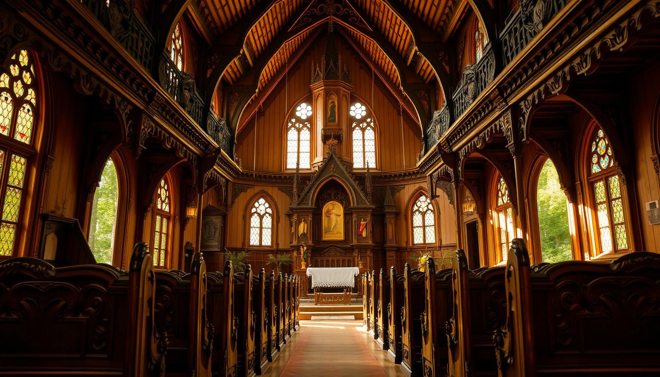 A serene wooden church nestled in a lush, verdant landscape. Intricate carvings adorn the ornate façade, with a towering steeple reaching skyward. Warm, golden light filters through stained glass windows, casting a soft glow throughout the interior. Ornate wooden pews line the central aisle, leading the eye toward the ornate altar and pulpit. Delicate wooden details, such as intricate moldings and intricate lattice work, create a harmonious and visually striking atmosphere. The scene exudes a sense of timeless, sacred tranquility, perfectly capturing the essence of traditional Polish ecclesiastical architecture.