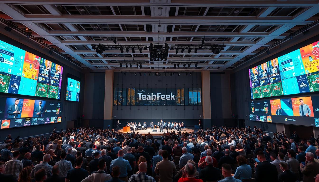 A sprawling conference hall, its walls adorned with vibrant displays and interactive panels. In the foreground, a stage takes center stage, bathed in warm, focused lighting that casts a sense of importance and authority. Gathered around are rows of attentive audience members, their gazes fixed on the speakers engaged in lively, thought-provoking debates. The middle ground is filled with clusters of people, deep in discussion, their gestures animated as they share ideas and insights. In the background, the room is framed by large windows, allowing natural light to pour in and create a sense of openness and connectivity. The overall atmosphere is one of intellectual curiosity, collaboration, and a shared vision for the future.