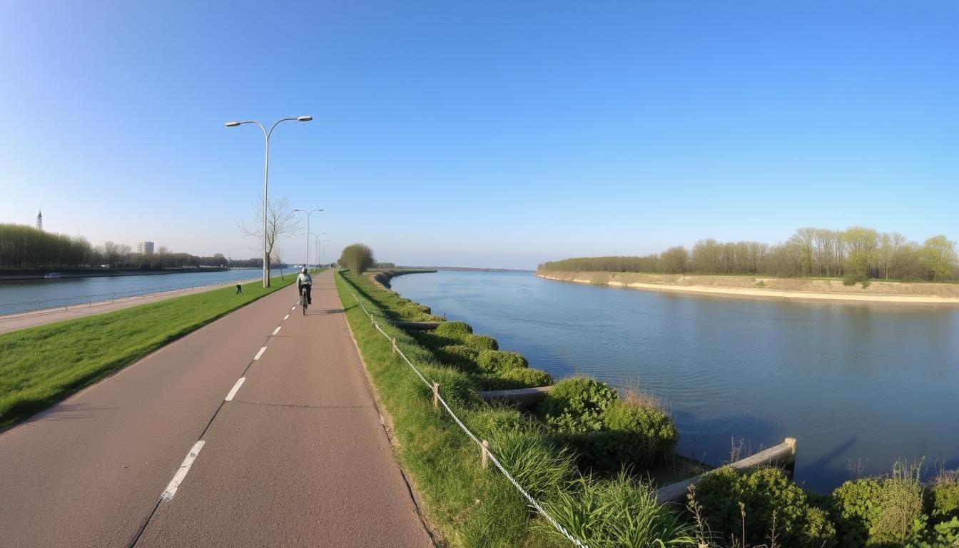 Panorama Wiślanej Trasy Rowerowej z widokiem na rzekę Wisłę i ścieżkę rowerową biegnącą wzdłuż wałów