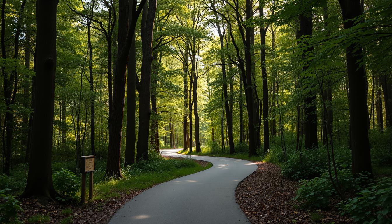 A scenic bike path winding through the lush, verdant forests of Kampinoski National Park. The path is wide and well-maintained, flanked by tall, graceful trees that filter the sunlight, casting a warm, dappled glow on the packed earth below. In the distance, glimpses of wildlife can be seen darting between the foliage. The path is suitable for cyclists of all skill levels, offering a peaceful, car-free journey through the heart of this protected natural paradise. Soft, diffused lighting illuminates the scene, capturing the serene, contemplative atmosphere of a tranquil forest retreat.