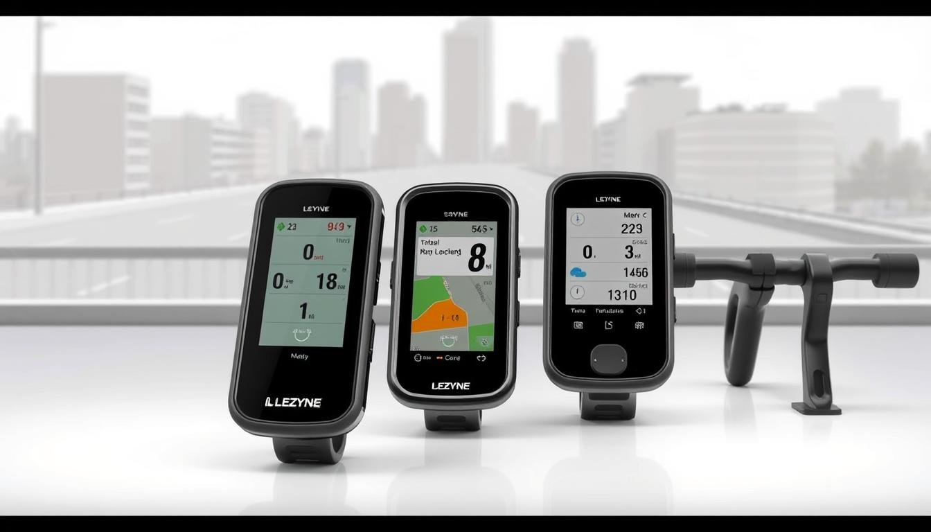 A detailed comparison of bicycle navigation systems by LEZYNE and its competitors, showcased in a clean, sleek illustration. The foreground features the LEZYNE device prominently, its modern design and intuitive interface highlighted. In the middle ground, other popular navigation units are displayed, each with distinctive styling and feature sets. The background offers a minimalist urban landscape, emphasizing the practical applications of these devices in the real world. Soft, diffused lighting illuminates the scene, creating a sense of professional, high-quality presentation. The overall mood is one of objective, technical assessment, inviting the viewer to evaluate the relative merits of the navigational options.