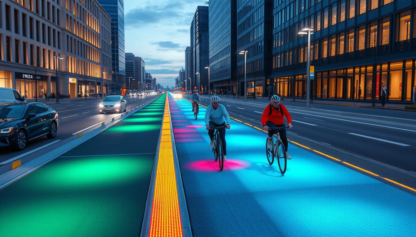 Inteligentna ścieżka rowerowa z 2026 roku z oświetleniem reagującym na ruch pokazująca trendy rowerowe 2026