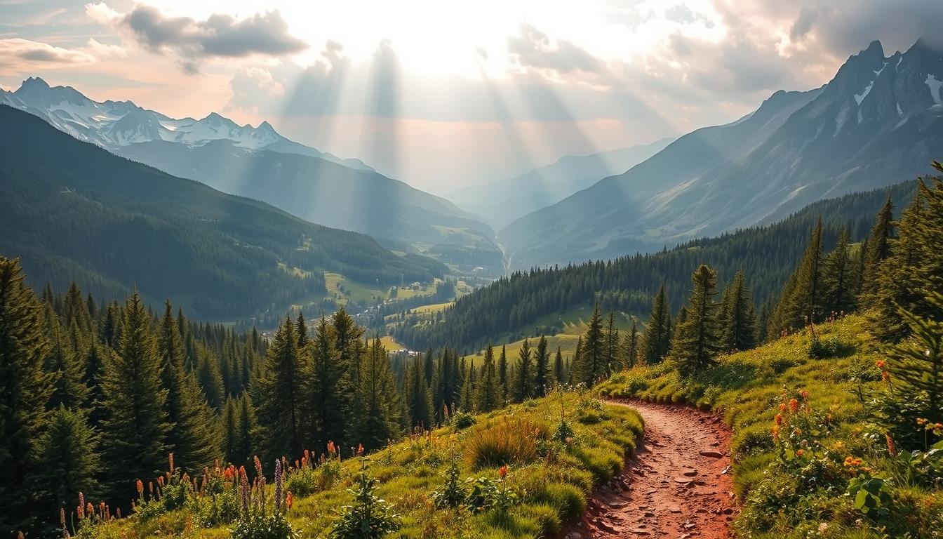 A scenic landscape of Poland's captivating hiking trails, captured in a serene, atmospheric scene. In the foreground, a winding path meanders through a lush, verdant forest, inviting the viewer to embark on an immersive trekking adventure. The middle ground features undulating hills and valleys, dotted with vibrant wildflowers and framed by towering, snow-capped peaks that reach towards the sky. Soft, diffused sunlight filters through the canopy, casting a warm, golden glow over the entire scene, creating a sense of tranquility and wonder. The overall composition evokes a harmonious balance between the natural elements, capturing the essence of Poland's most alluring hiking trails.