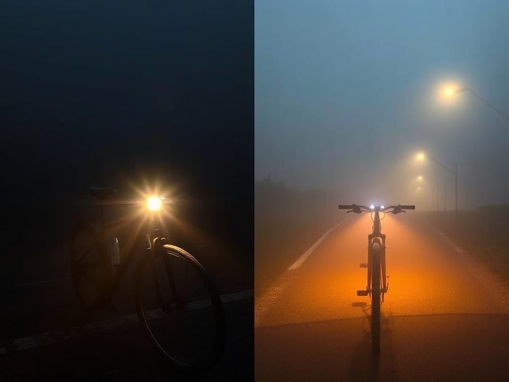 Porównanie tradycyjnego oświetlenia rowerowego z adaptacyjnym systemem LED pokazujące różnicę w widoczności - zaawansowane systemy bezpieczeństwa w rowerach trekkingowych