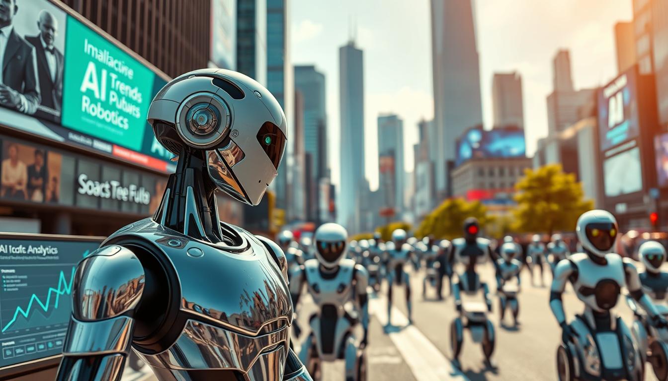 A futuristic scene showcasing advanced robots in a lively urban environment, symbolizing the future of bots. In the foreground, a sleek humanoid robot with a chrome finish interacts with a digital display, showcasing AI-driven analytics. The middle ground features diverse robots of various shapes and sizes engaged in different tasks, such as teaching, assisting businesses, and navigating the bustling streets. The background includes a skyline of modern skyscrapers with digital billboards displaying AI trends and advancements. The atmosphere is bright and optimistic, with warm lighting suggesting a sunny day, and a shallow depth of field focusing on the foreground robot. The scene conveys a sense of innovation and collaboration between humans and robots in the future.