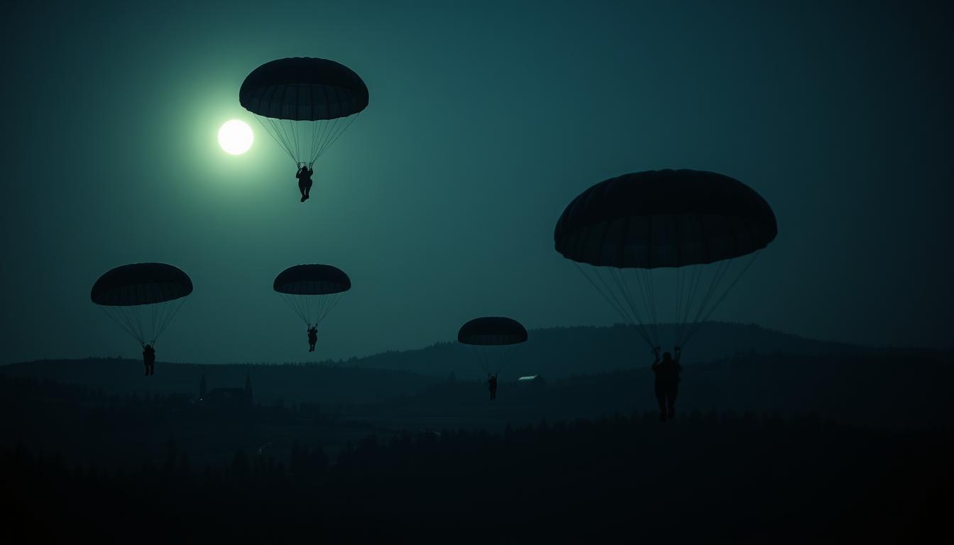 A group of Polish Army parachutists, the Cichociemni, silently descending through a night sky over the rural landscape of Łosinna. Their dark camouflage uniforms blend into the shadows as they glide down on their stealth-black parachutes, their faces grim with determination. The moonlight casts a pale glow, illuminating the rolling hills and dense forest below. In the distance, a farmhouse and barn stand as the only signs of human habitation in this remote, isolated region. The air is crisp and still, the only sound the soft flutter of fabric as the parachutists make their stealthy approach, ready to carry out a dangerous and vital mission for the Polish Resistance.