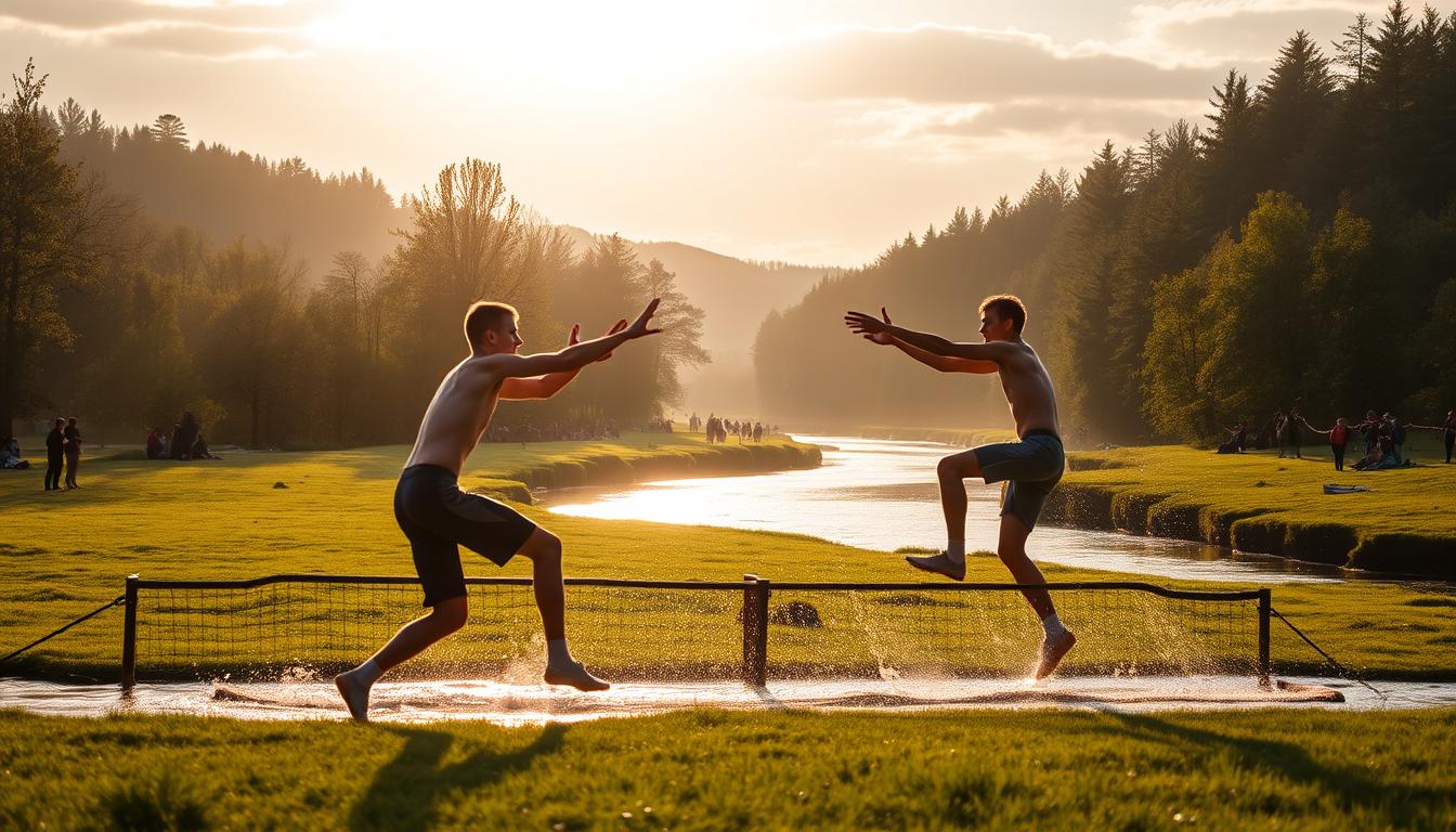 Nadbużański trójkąt: an idyllic riverside setting in Wyszków, Poland, where competitors engage in a unique pair-based contest. A tranquil meadow flanked by lush forests and the meandering Bug River, bathed in warm, golden afternoon light. Two pairs of athletes face off, their movements graceful and well-choreographed, as they navigate obstacles and challenges tailored to test their teamwork and physical prowess. The atmosphere is one of friendly rivalry, with spectators lining the banks, cheering on the participants. Capture the spirit of this singular event, where the natural beauty of the Nadbużański region provides the perfect backdrop for a thrilling display of skill and camaraderie.