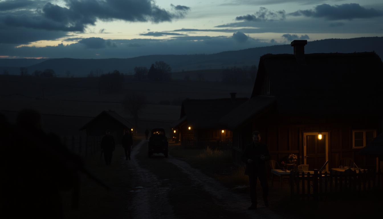 A rural village nestled in the rolling hills, the residents of Sieczychy prepare for an impending strike. In the dimly lit streets, shadowy figures gather weapons and ammunition, their faces etched with determination. In the distance, the silhouettes of farmhouses and barns loom, their thatched roofs casting long shadows under the fading evening light. The air is thick with tension, as the villagers make final adjustments to their defenses, readying themselves for the coming confrontation. A sense of unease and anticipation permeates the scene, as the community braces for the attack on the nearby border outpost.