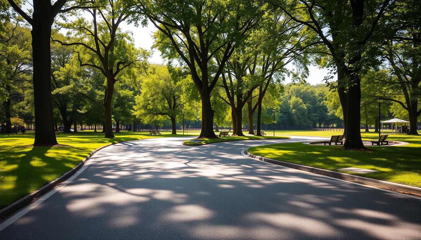 A winding bicycle path amidst lush greenery, flanked by towering trees casting dappled shadows. The foreground features a smooth, well-maintained asphalt surface, inviting cyclists to navigate the gently curving route. In the middle ground, the path opens up, revealing glimpses of a tranquil park setting, with benches and picnic areas visible in the distance. The background is dominated by a verdant, tree-lined horizon, creating a serene and inviting atmosphere. Warm, diffused sunlight filters through the canopy, casting a golden glow over the entire scene. The overall composition evokes a peaceful, relaxing journey through a picturesque urban oasis, perfect for a leisurely bicycle ride.