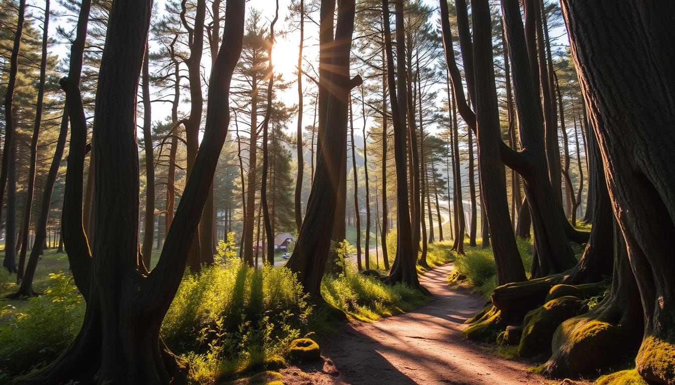 A serene, sun-dappled forest of ancient, towering pines known as the Białowieża Forest, or &amp;quot;Puszcza Biała.&amp;quot; Centuries-old twisted trunks and lush, verdant undergrowth give way to a winding path, inviting the viewer to explore this living historical landscape. Warm, soft light filters through the canopy, casting long shadows and highlighting the rich textures of the weathered bark and moss-covered rocks. In the distance, a glimpse of a small village nestled among the trees, a testament to the symbiotic relationship between nature and human settlement in this timeless region.