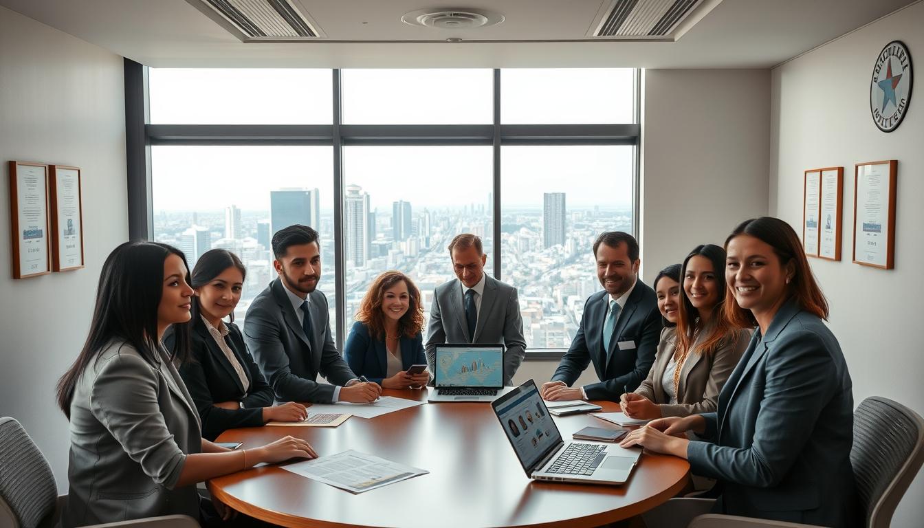 A professional setting within a modern conference room, showcasing a selection process for a new president. In the foreground, a diverse group of candidates, dressed in formal business attire, engage in discussions, showing expressions of determination and focus. In the middle ground, a round table holds evaluation materials like documents and a laptop displaying candidate profiles. Behind them, a large window offers a view of a vibrant cityscape, with soft natural light illuminating the room, creating a warm and inviting atmosphere. The walls are adorned with certificates and a logo of the cooperative, emphasizing professionalism and prestige. The perspective is slightly angled, capturing the dynamic interaction among candidates while highlighting the importance of the selection process overseen by the supervisory board.