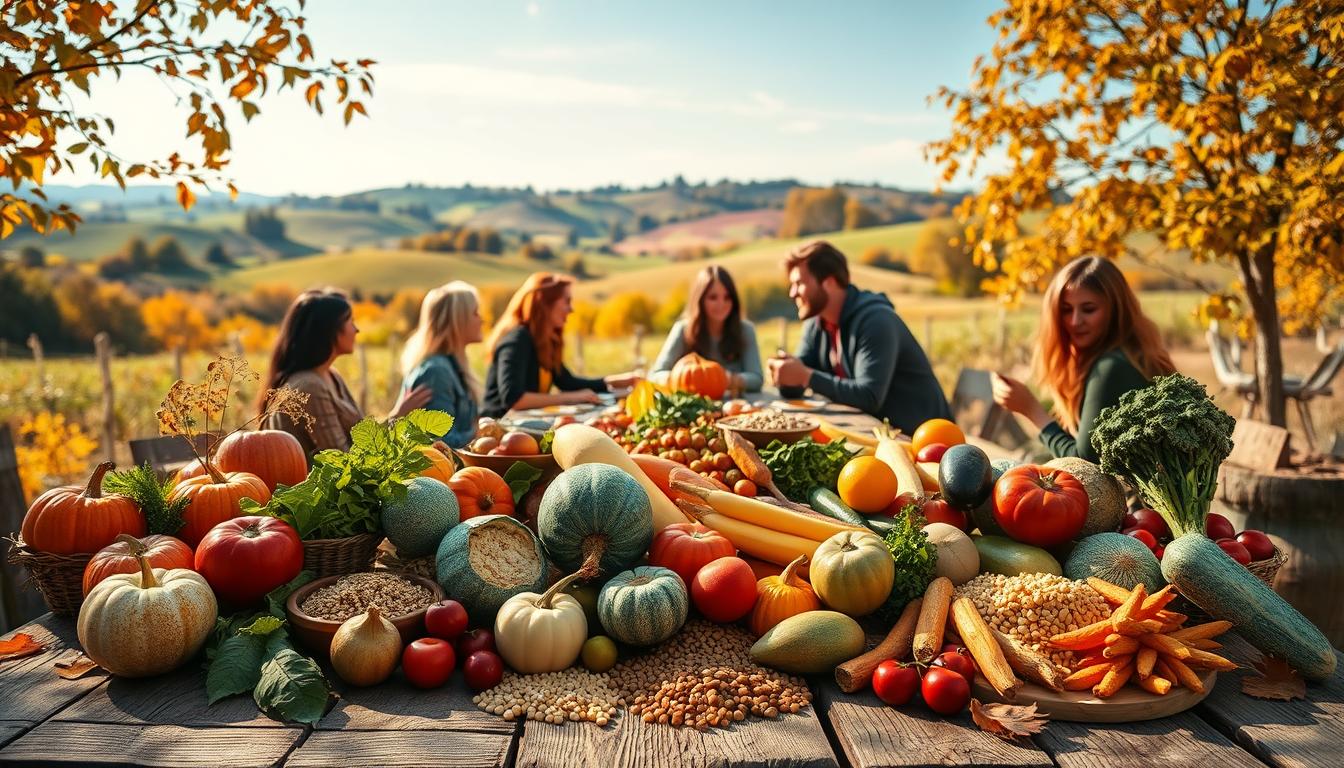 A vibrant and serene autumnal scene, set on a crisp October day. In the foreground, a bountiful display of seasonal produce - fresh fruits, vegetables, and grains - arranged artfully on a rustic wooden table. Soft, diffused natural lighting casts a warm glow, highlighting the rich colors and textures. In the middle ground, a group of people of diverse backgrounds gather around the table, engaged in lively conversation and sharing a vegetarian meal. The background depicts a idyllic countryside landscape, with rolling hills, swaying trees, and a clear blue sky overhead. The overall atmosphere evokes a sense of community, gratitude, and celebration of the vegetarian lifestyle.