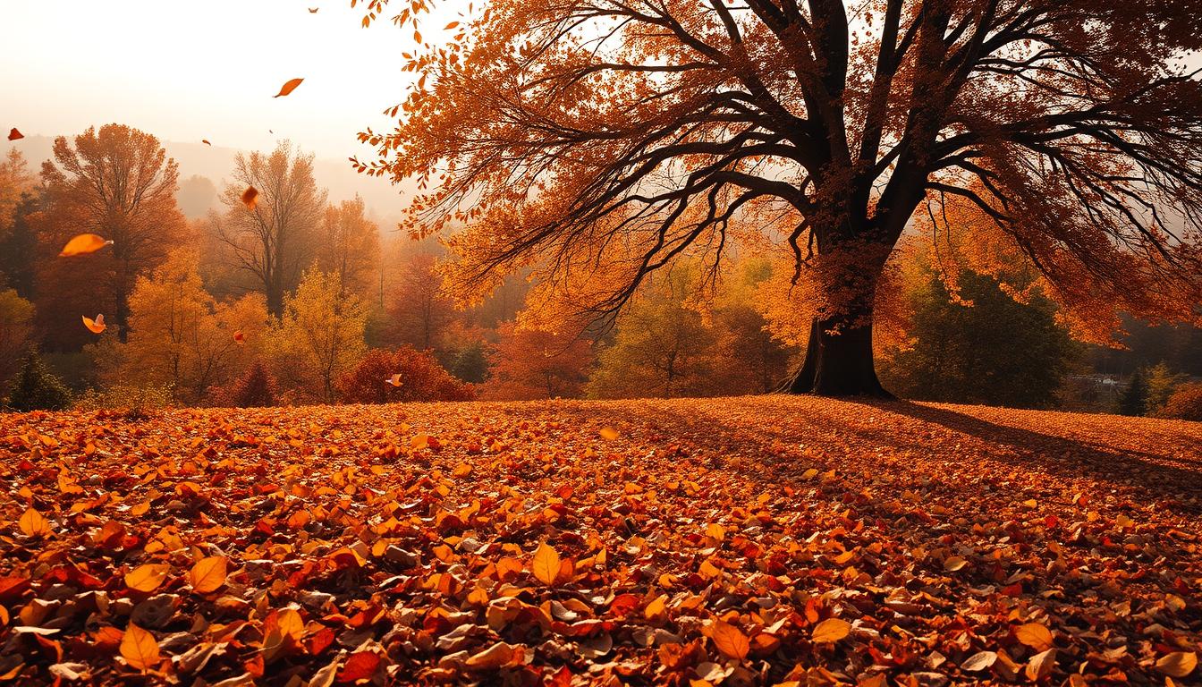 A serene autumn landscape with a gentle breeze rustling the vibrant foliage. In the foreground, a carpet of fallen leaves in shades of gold, amber, and crimson covers the ground, creating a mesmerizing natural tapestry. In the middle ground, a majestic deciduous tree stands tall, its branches laden with delicate leaves gracefully drifting downward, capturing the essence of the &quot;Dzień Spadającego Liścia&quot; (Day of the Falling Leaf). The background features a soft, hazy horizon, with a warm, diffused light casting a tranquil glow over the scene. The overall mood is one of quiet contemplation and the natural cycle of the seasons.