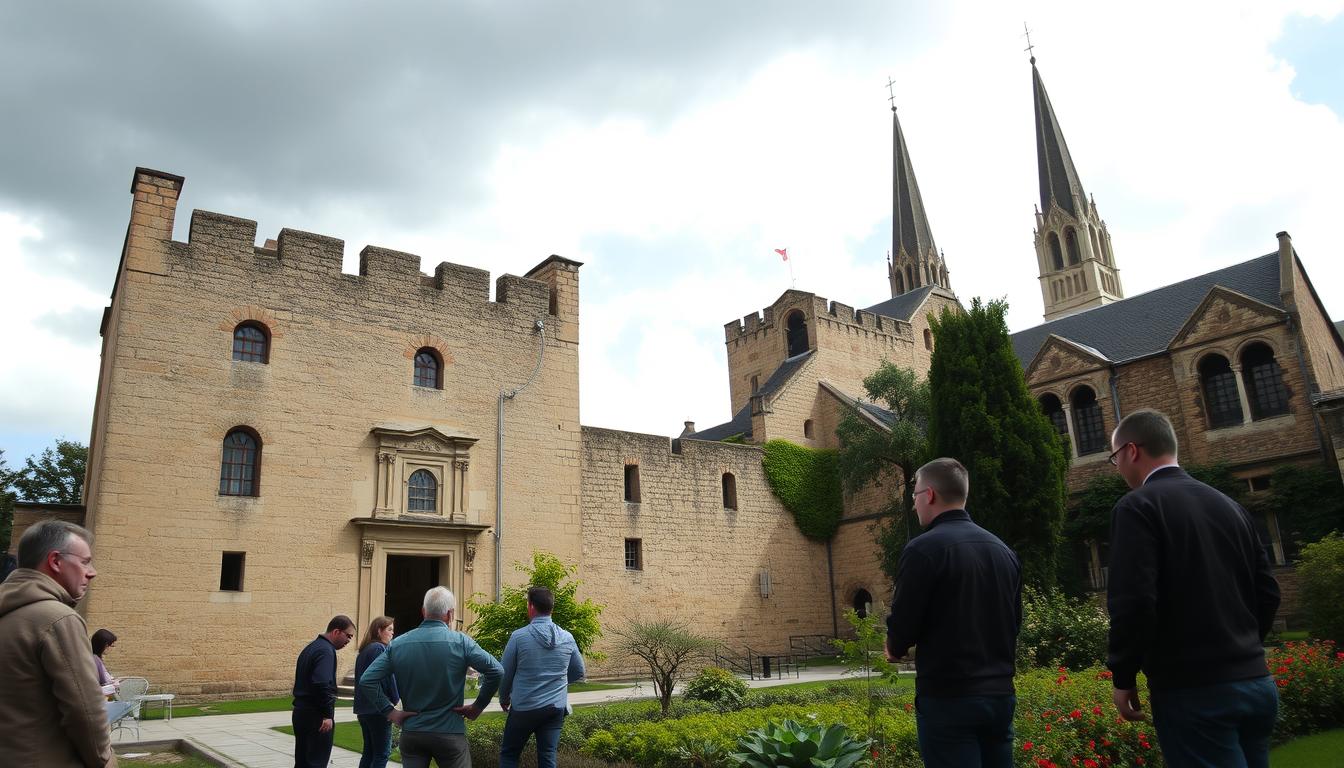 A historical preservation site, the facade of an ancient castle standing proud against a cloudy sky. Sunlight filters through the clouds, casting a warm glow on the weathered stone walls. In the foreground, a group of conservators carefully inspect the intricate carvings and stonework, examining the building's condition. Their dedication and expertise evident in their focused expressions. The middle ground reveals a lush, verdant garden, a testament to the ongoing efforts to maintain the site's natural surroundings. In the background, a towering steeple rises, its spire reaching skyward, a symbol of the cultural and architectural significance of this historic landmark. The scene conveys a sense of reverence and responsibility, capturing the essence of the conservation of cultural heritage.