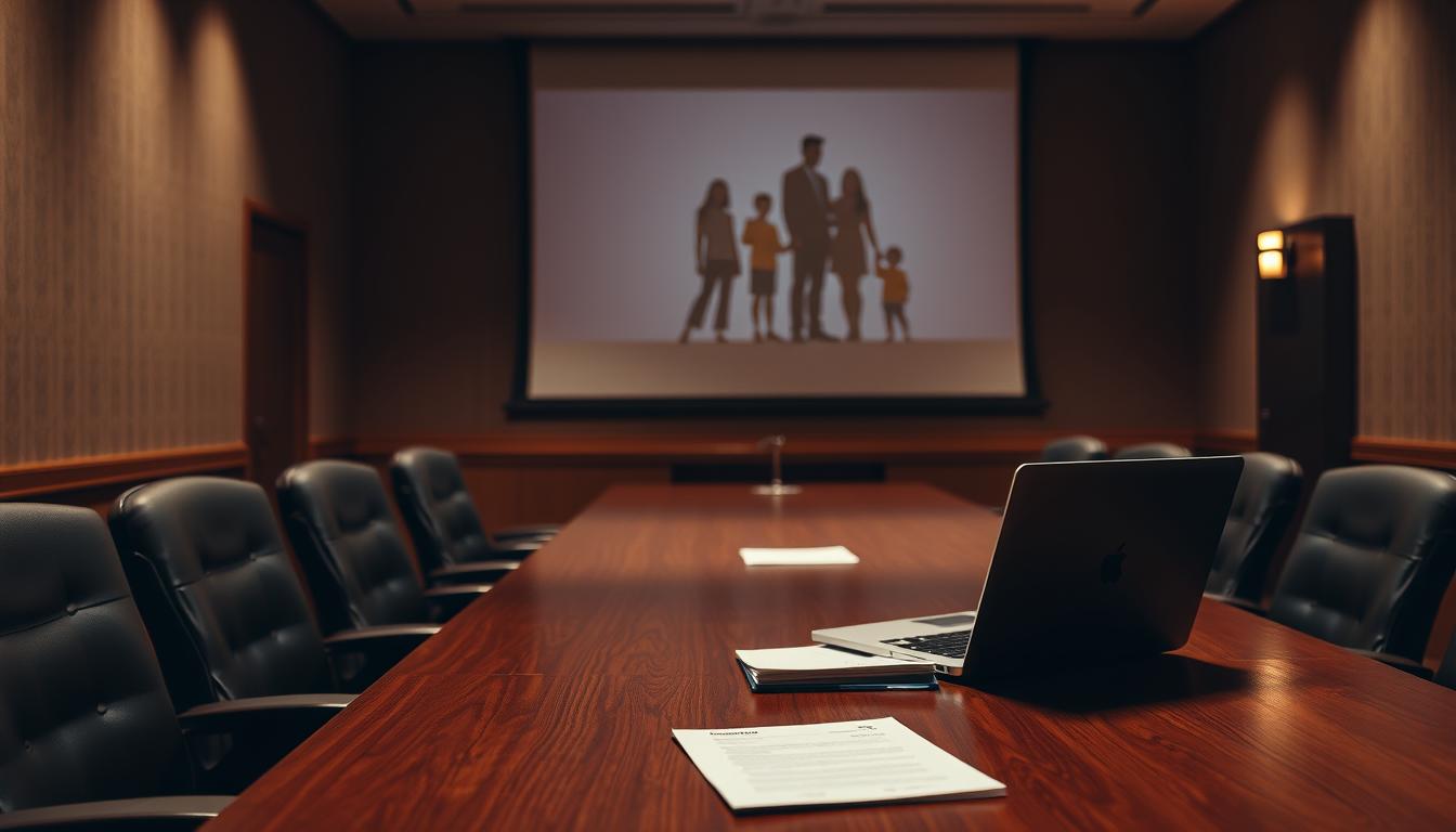 A dimly lit conference room, with a polished wooden table and comfortable chairs. On the table, a laptop and a stack of papers, hinting at an important discussion about online safety for children and youth. The room is illuminated by warm, directional lighting, casting subtle shadows and creating an atmosphere of serious contemplation. In the background, a large projection screen displays a stylized silhouette of a family, symbolizing the core focus of the debate. The overall mood is one of thoughtful deliberation, reflecting the gravity of the topic at hand.