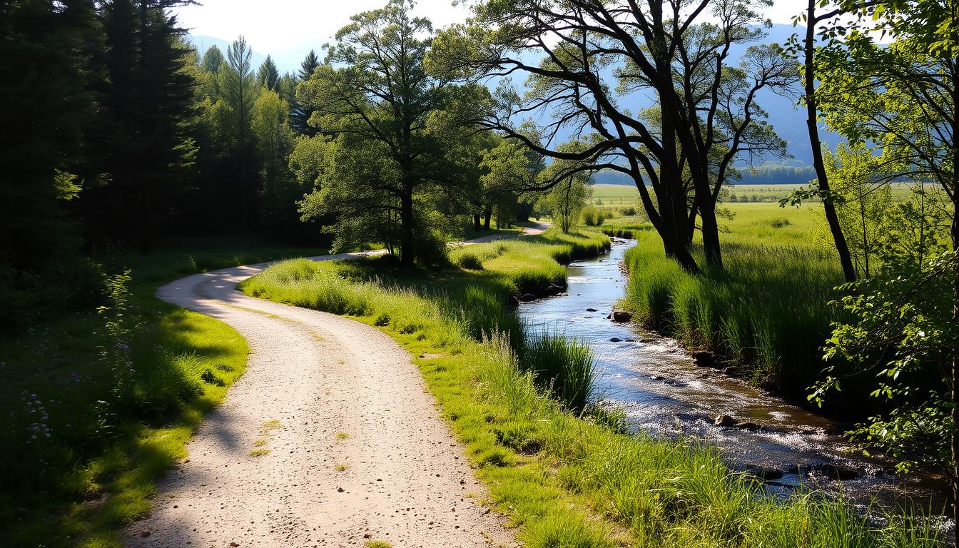 A scenic bicycle trail winding through a tranquil forest, with sunlight filtering through the canopy and casting a warm glow on the packed dirt path. The foreground features a sturdy, well-maintained bike path, inviting cyclists to explore the lush, green surroundings. In the middle ground, a gently flowing stream cuts through the landscape, its banks dotted with tall reeds and overhanging trees, creating an idyllic setting for anglers to cast their lines. The background showcases rolling hills and distant peaks, adding a sense of depth and adventure to the scene. The overall atmosphere is one of peaceful coexistence between cycling and fishing, encouraging a seamless integration of these two outdoor passions.