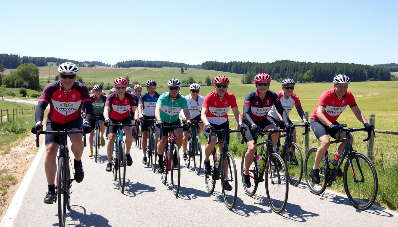 Grupa rowerzystów Wyszkowskiej Grupy Rowerowej podczas wspólnej wycieczki w malowniczych okolicach Wyszkowa